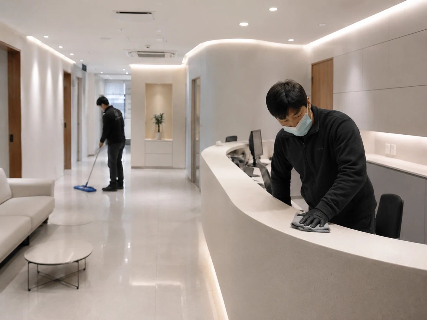 상업공간 바닥 마감재를 장비로 청소하는 준공 청소 작업 현장