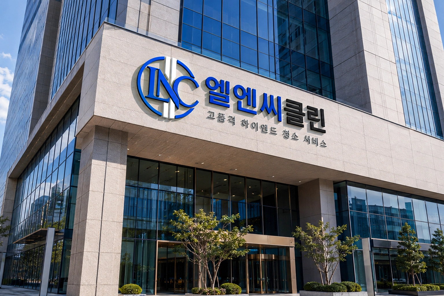 엘엔씨클린 브랜드 사인이 설치된 건물 전경